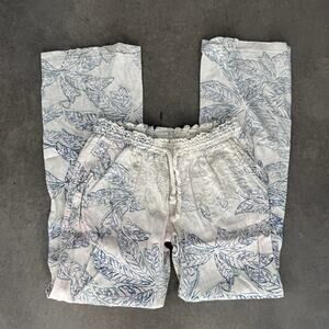 Vintage Y2k Roxy Linen Floral Tropical Print Beige Blue Beach Flow Beach Pant L